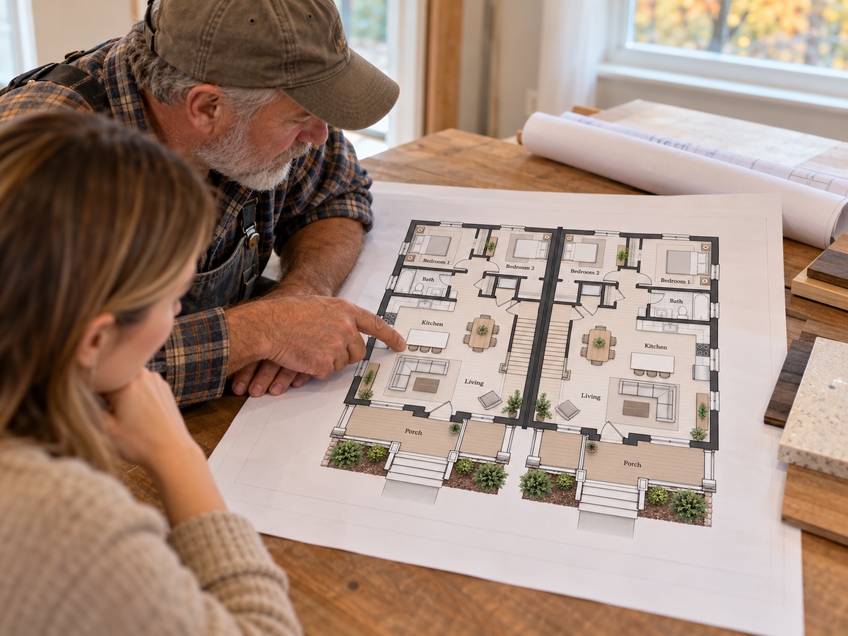 Simple side-by-side duplex floor plan sketch