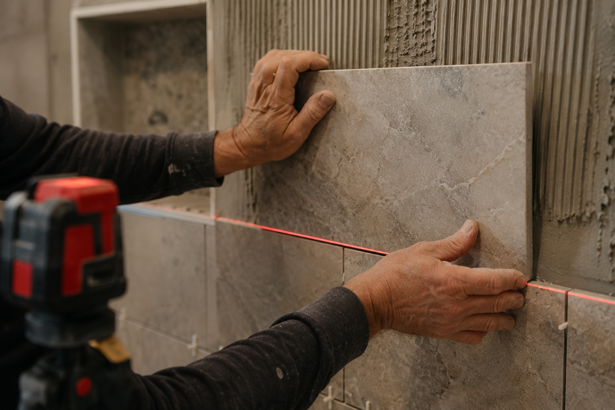 Master craftsman Tim Chila installing custom tile during a bathroom remodel in Chittenden County, VT.