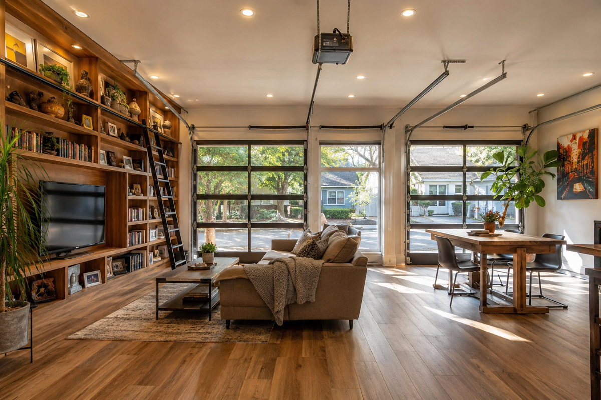 A beautifully finished garage conversion in Chittenden County, VT, featuring custom woodwork and a cozy living space.