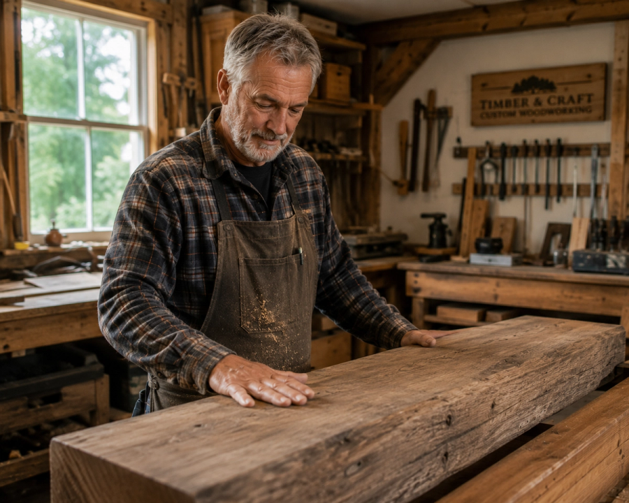 Master custom woodworker Tim Chila inspecting reclaimed wood for rustic farmhouse kitchen cabinets in Vermont.