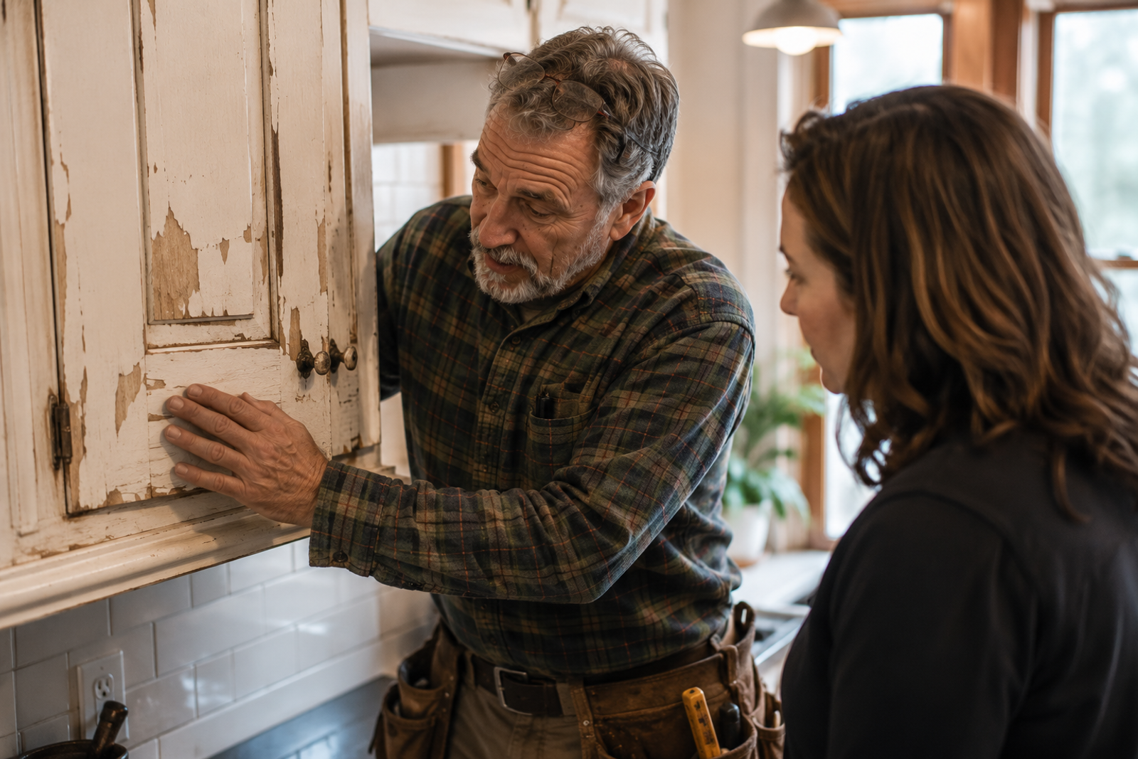 Master woodworker Tim Chila explaining cabinet refacing costs in Vermont versus custom cabinetry to a local homeowner.