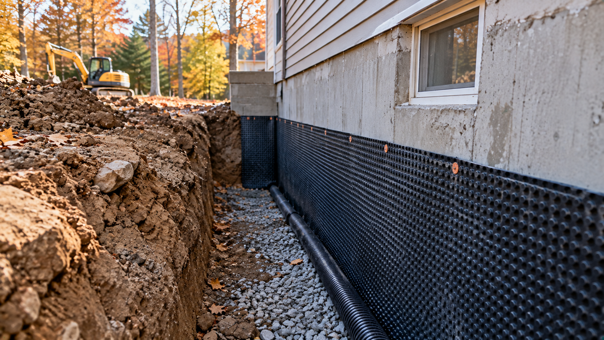 Exterior waterproofing installation on a Vermont basement foundation in fall.