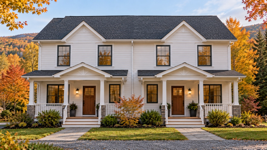 New two-story Vermont duplex with two front entries and matching wood siding