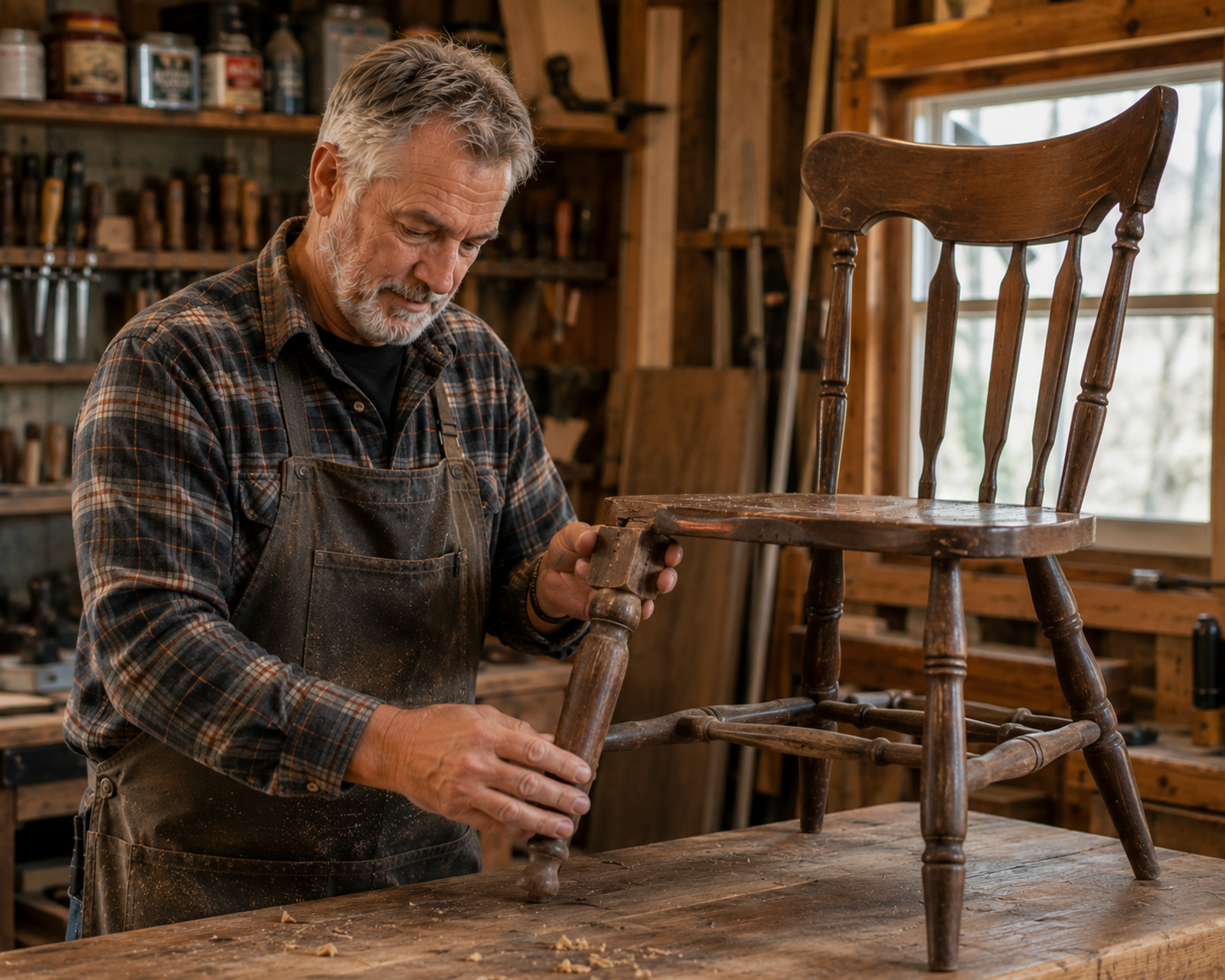 Master craftsman Tim Chila inspecting an antique wooden chair for furniture repair in Vermont.