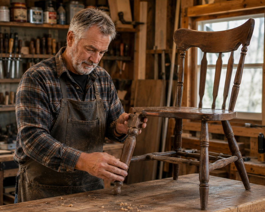 Master craftsman Tim Chila inspecting an antique wooden chair for furniture repair in Vermont.
