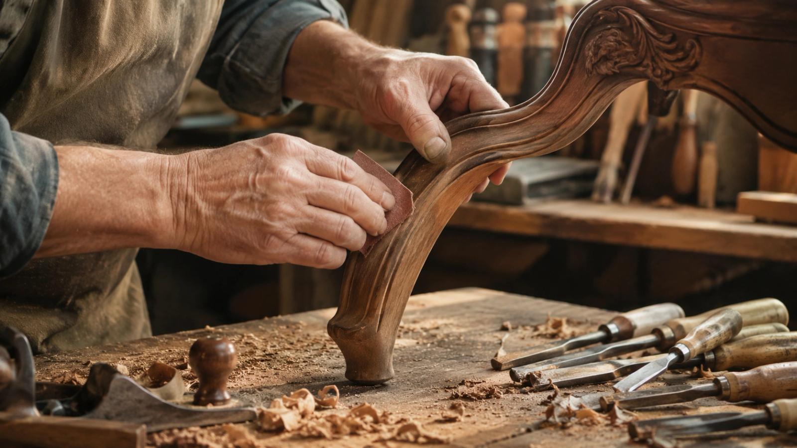 Master craftsman Tim Chila performing antique restoration in Vermont on a traditional wooden chair.