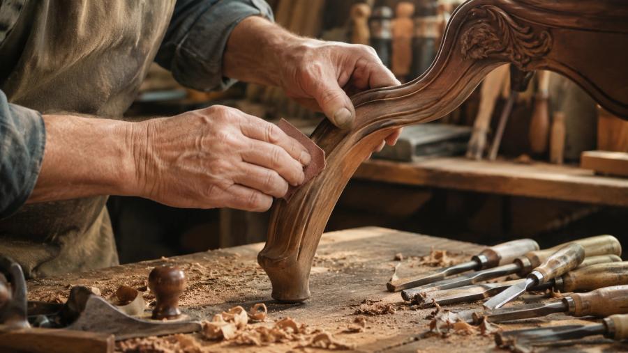 Master craftsman Tim Chila performing antique restoration in Vermont on a traditional wooden chair.