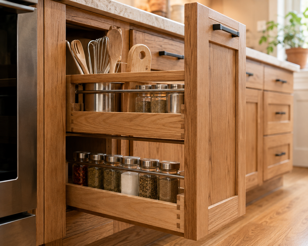 Custom pull-out storage in a small kitchen remodel in Chittenden County, Vermont by Tradecraft VT.