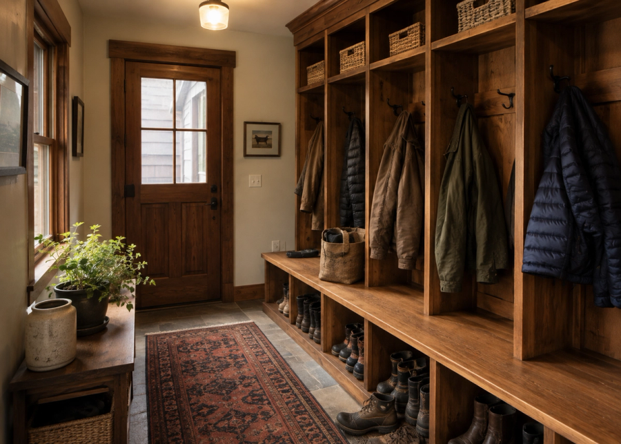 Custom mudroom built-ins with bench and lockers in a Chittenden County, Vermont home by Tradecraft VT.