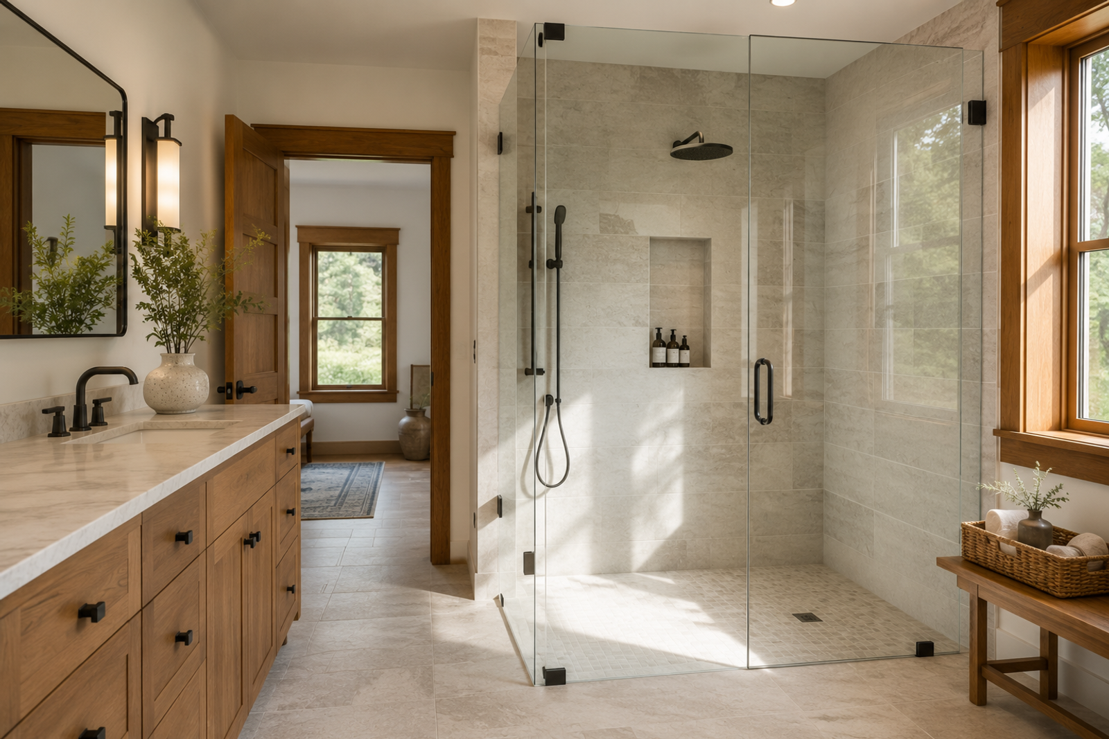 A beautiful, modern curbless walk-in shower installed in a Chittenden County, Vermont home.