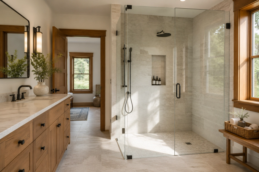 A beautiful, modern curbless walk-in shower installed in a Chittenden County, Vermont home.