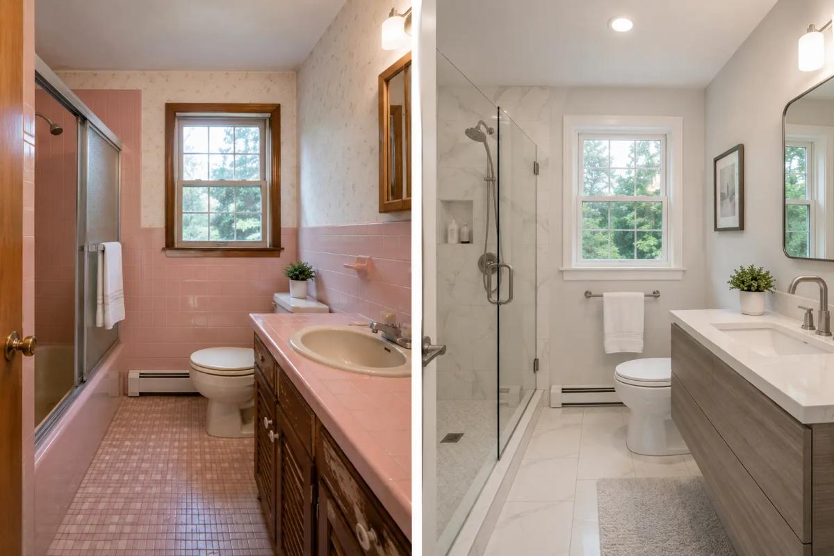 Before and after bathroom remodel in Vermont showing new tile shower and updated vanity by Tradecraft VT