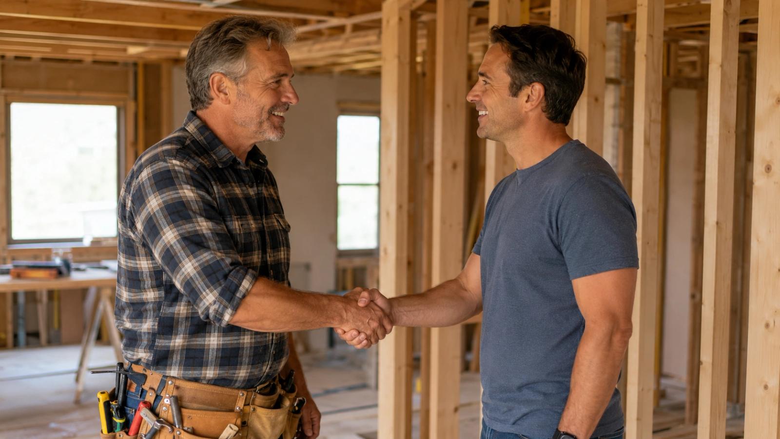 General contractor Tim Chila shaking hands with a happy homeowner in Chittenden County, Vermont, representing reliable contracting services.