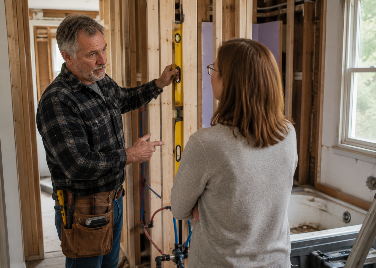 General contractor Tim Chila discussing framing and waterproofing for a walk-in shower installation in Vermont.