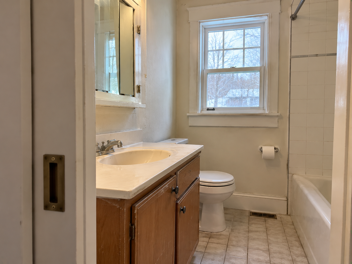 Small bathroom with a pocket door and a wall mounted mirror cabinet