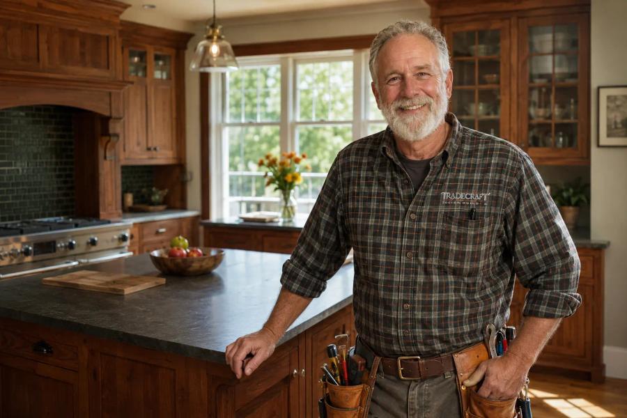 Master craftsman of Tradecraft VT smiling confidently in a newly remodeled Vermont kitchen, embodying trust and expertise in home remodeling.