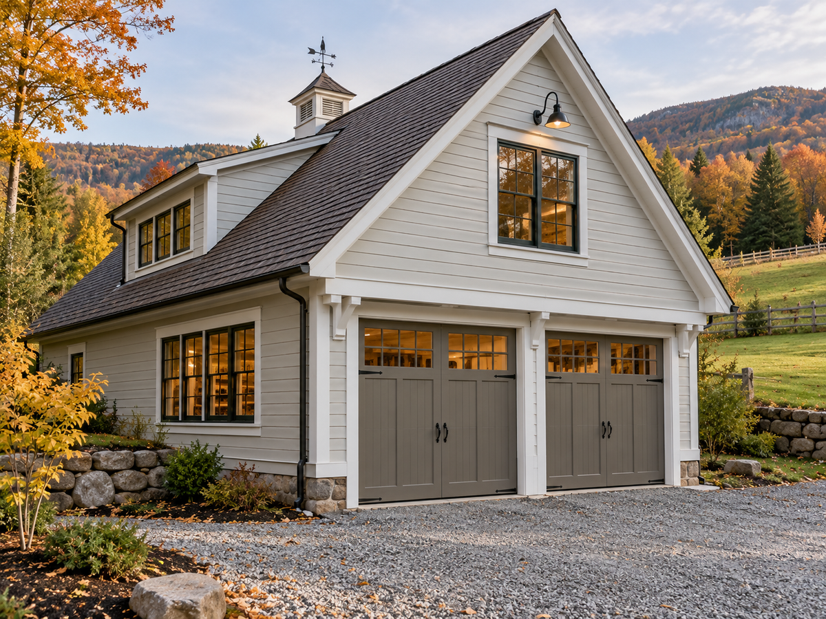 Detached garage with a workshop window beside a Vermont driveway