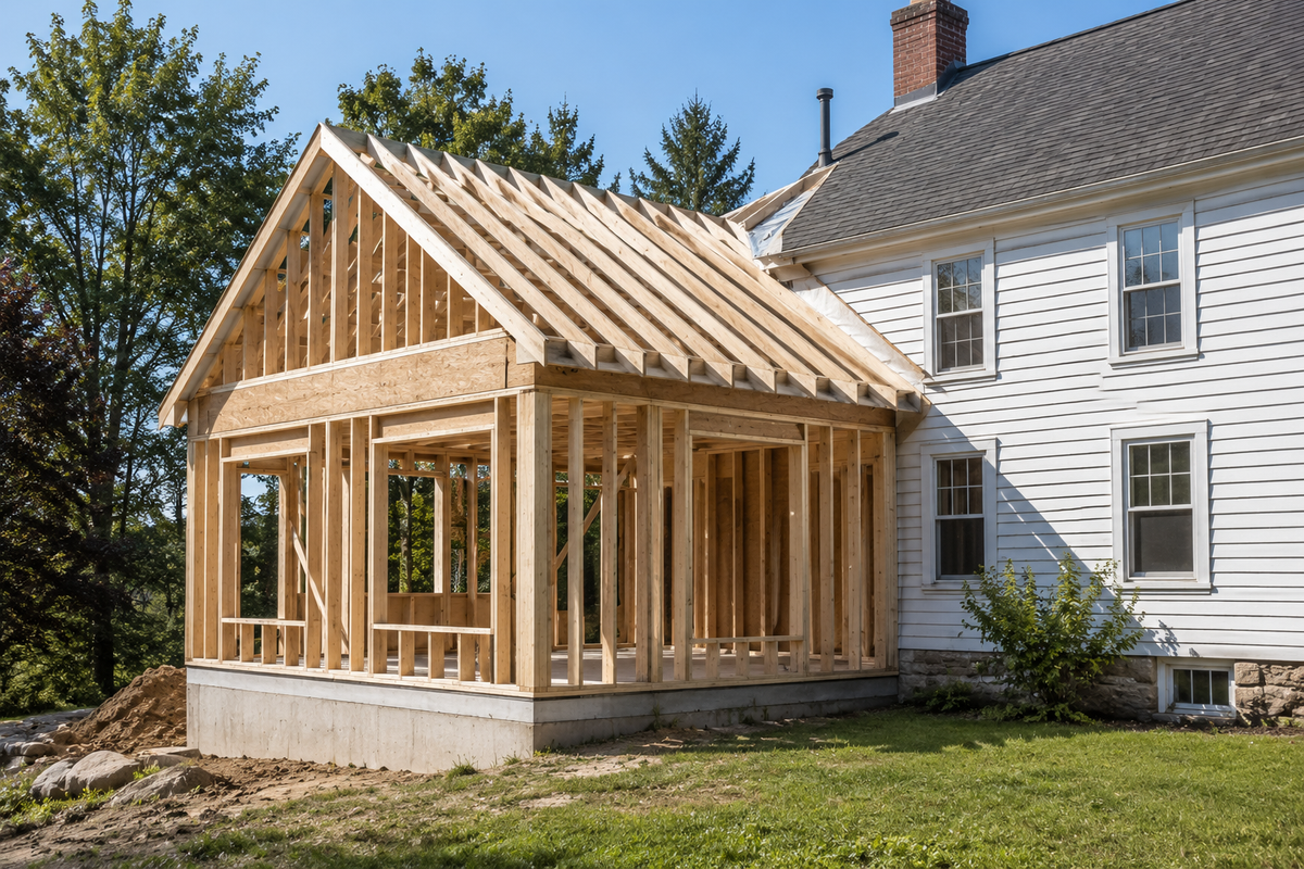 Home addition framing in Chittenden County Vermont by Tradecraft VT general contractor.