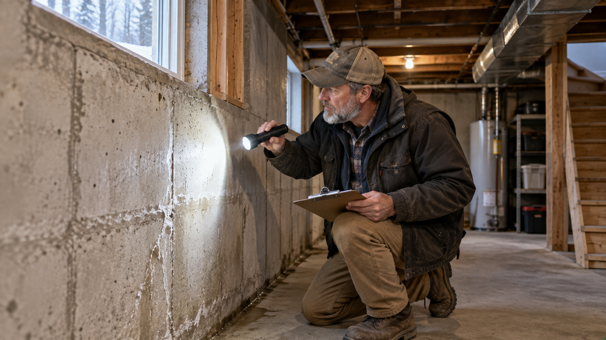 Contractor Tim Chila inspecting Vermont home before renovation following inspection report.