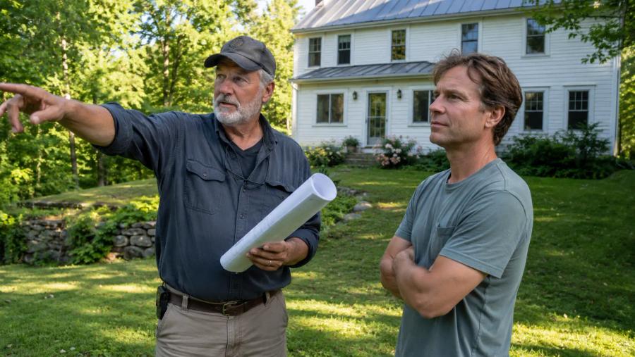 General contractor Tim Chila discussing a home addition in Chittenden County VT with a local homeowner in their backyard.