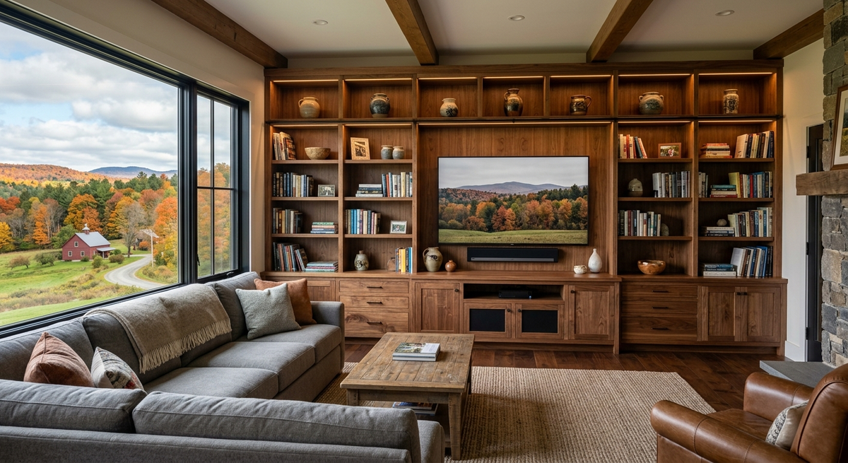 A wide, beautifully lit photo of a newly installed, custom-built wooden bookcase/entertainment center in a cozy living room. The woodwork is flawless and natural. A subtle hint of Vermont scenery out the window in the background.