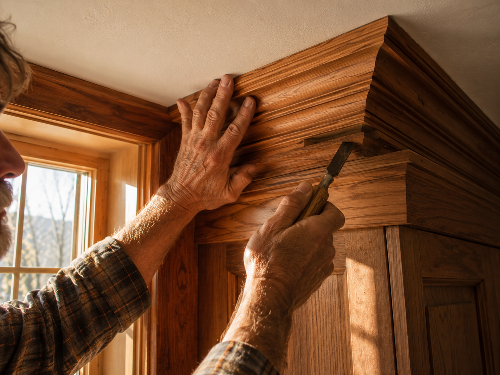 Master craftsman Tim Chila performing high-end finish carpentry in Vermont.