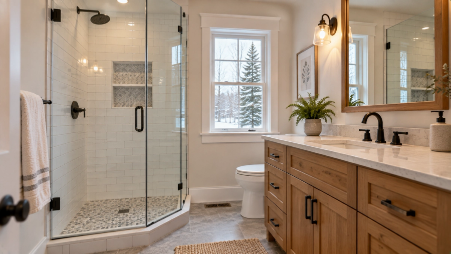 Small renovated Vermont bathroom with a corner glass shower and a wood vanity