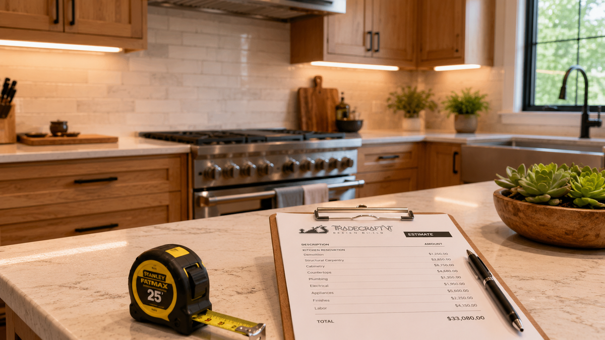 Close-up of a beautiful, finished custom kitchen featuring natural wood cabinetry and a clean countertop. In the foreground, a tape measure and a simple, honest-looking clipboard with an estimate rest on the counter.