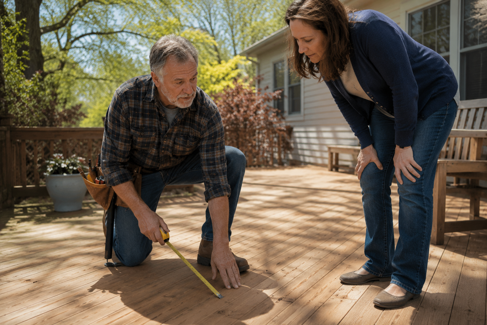 General contractor Tim Chila inspecting a backyard for a deck repair in Vermont.
