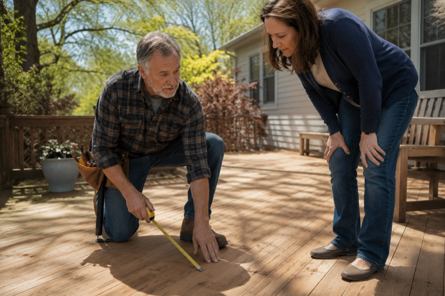 General contractor Tim Chila inspecting a backyard for a deck repair in Vermont.