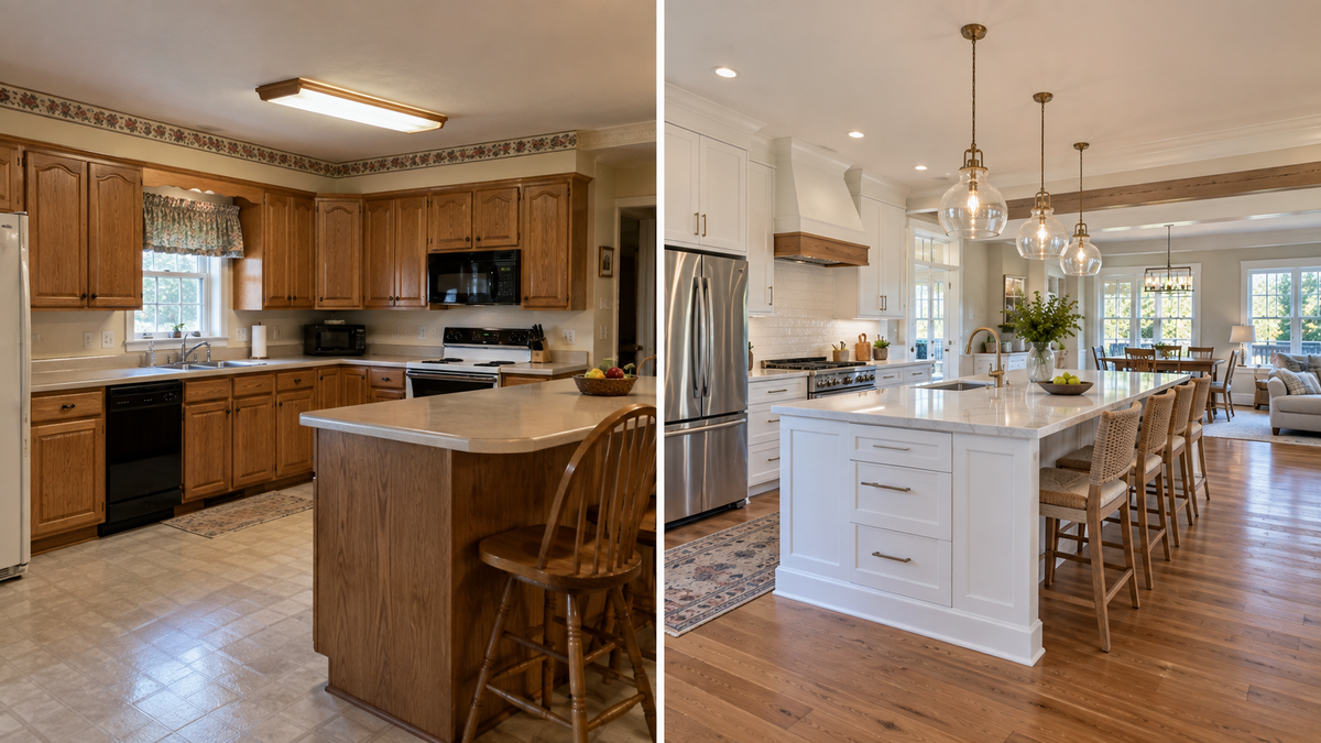 Before and after kitchen remodel in Williston Vermont by Tradecraft VT.