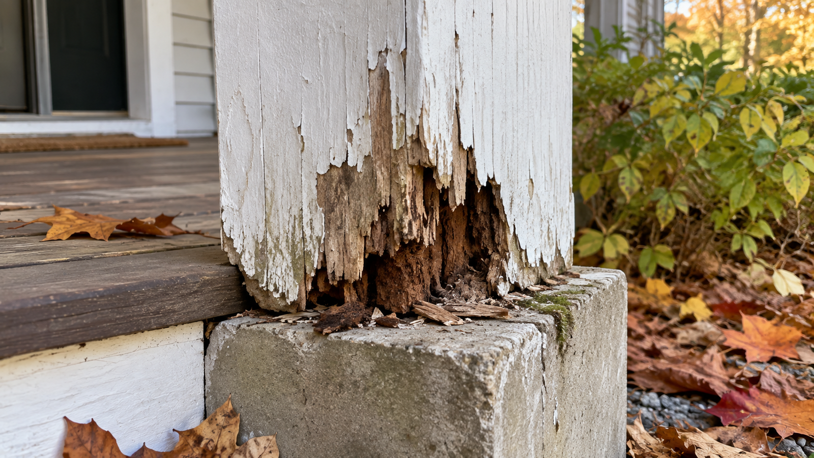 Wood rot at post base on a Vermont porch, visible in fall before winter makes it worse.