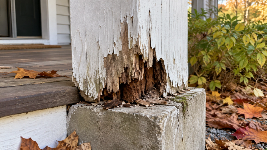 Wood rot at post base on a Vermont porch, visible in fall before winter makes it worse.