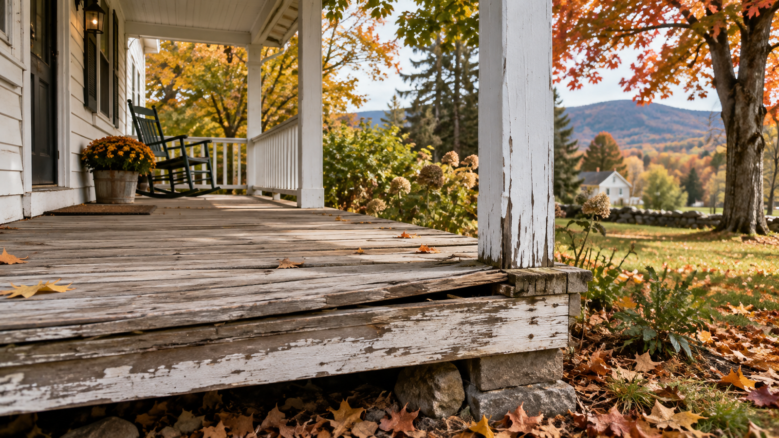 Vermont wood porch showing freeze-thaw weather damage before repair by Tradecraft VT.