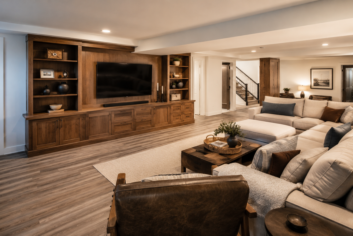A beautifully finished basement in Chittenden County showcasing the high ROI of basement remodeling.