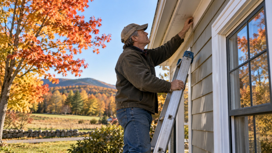 Vermont homeowner conducting fall maintenance inspection before winter.