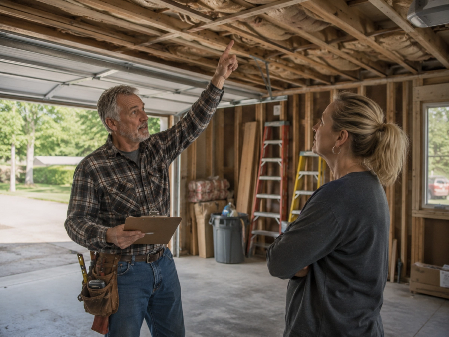 General contractor Tim Chila discussing garage conversion costs and insulation with a homeowner in Vermont.