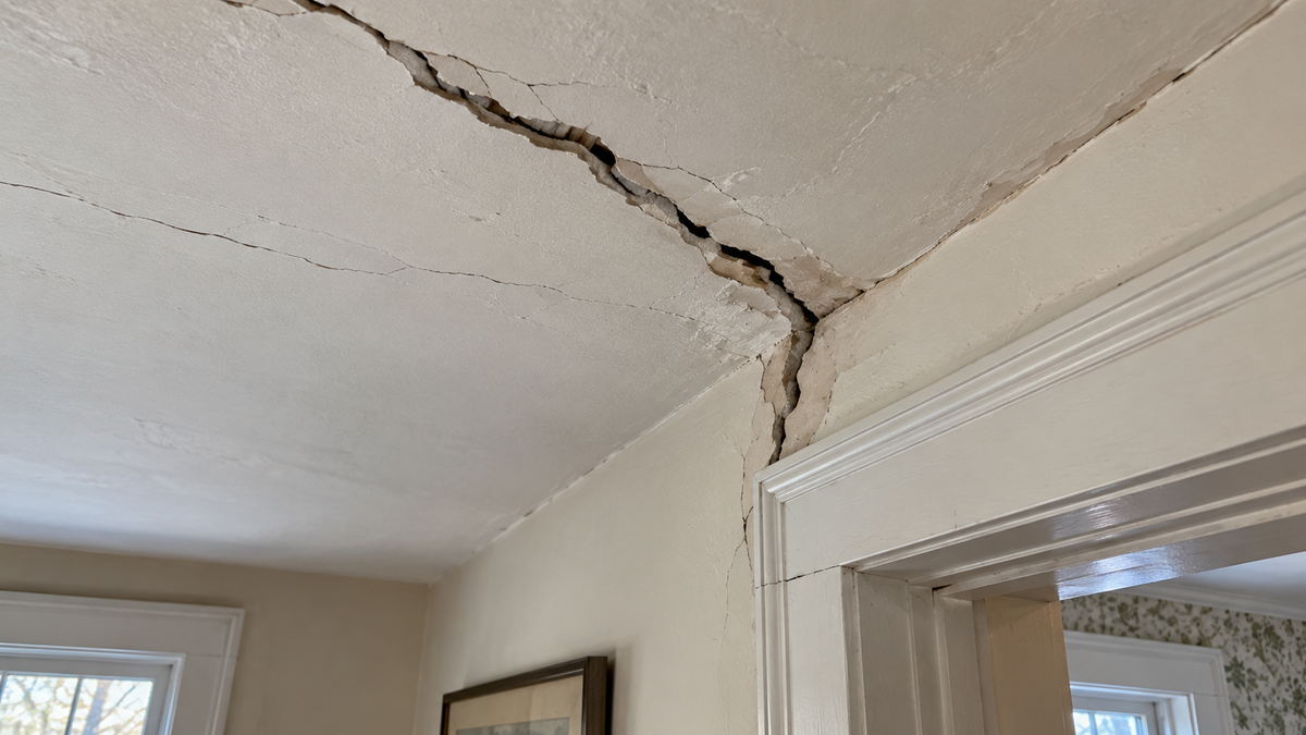 Structural diagonal ceiling crack near door frame in a Vermont home requiring inspection.