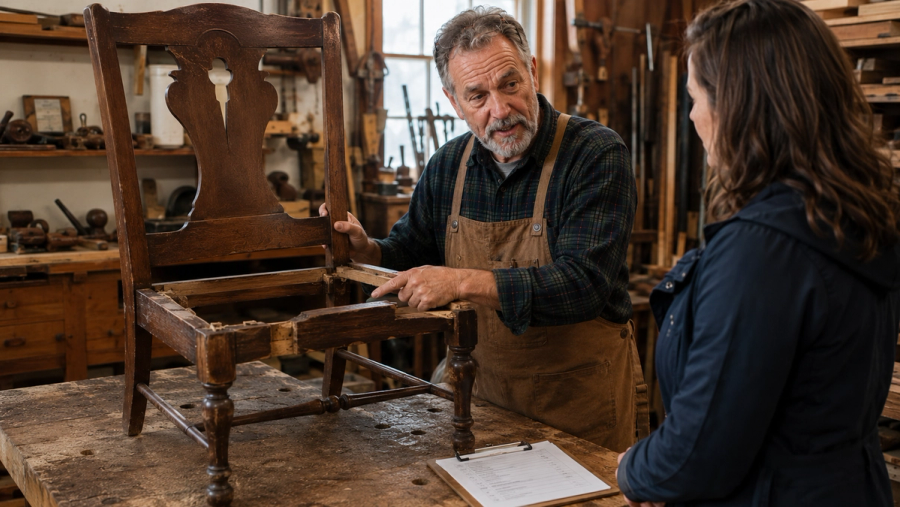 Master woodworker Tim Chila discussing antique restoration cost in Vermont with a local customer.
