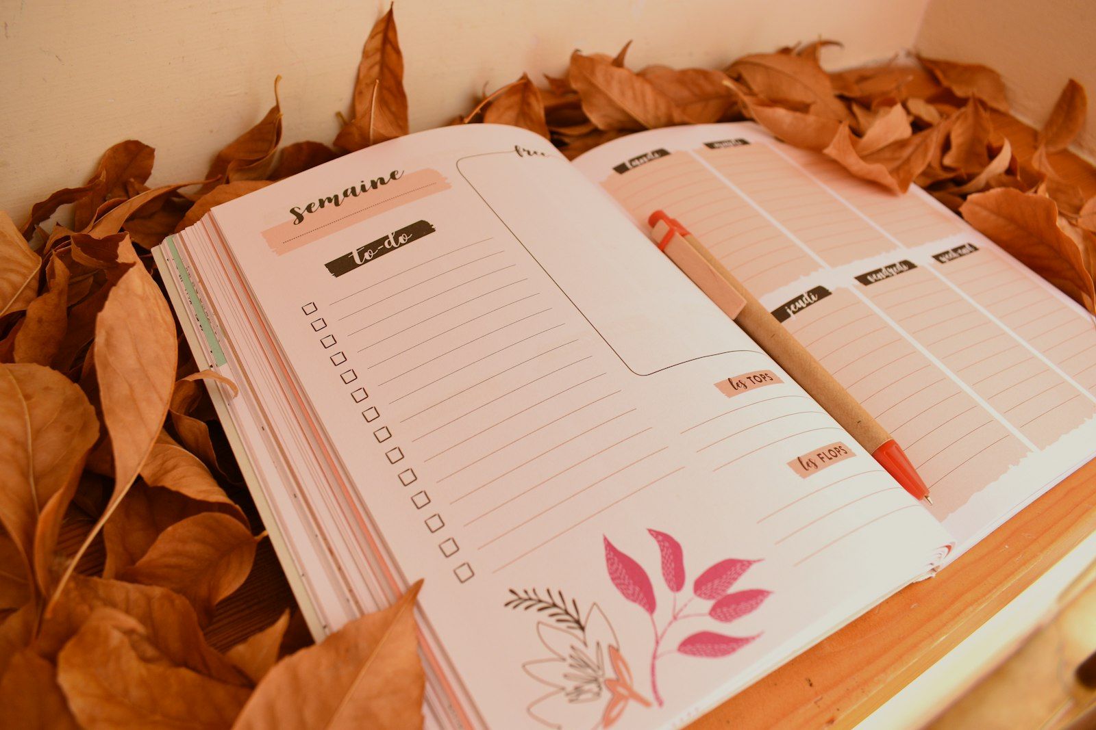 Open study planner with handwritten notes and pen