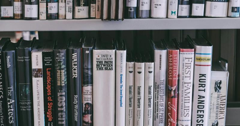 Open textbook on a library table