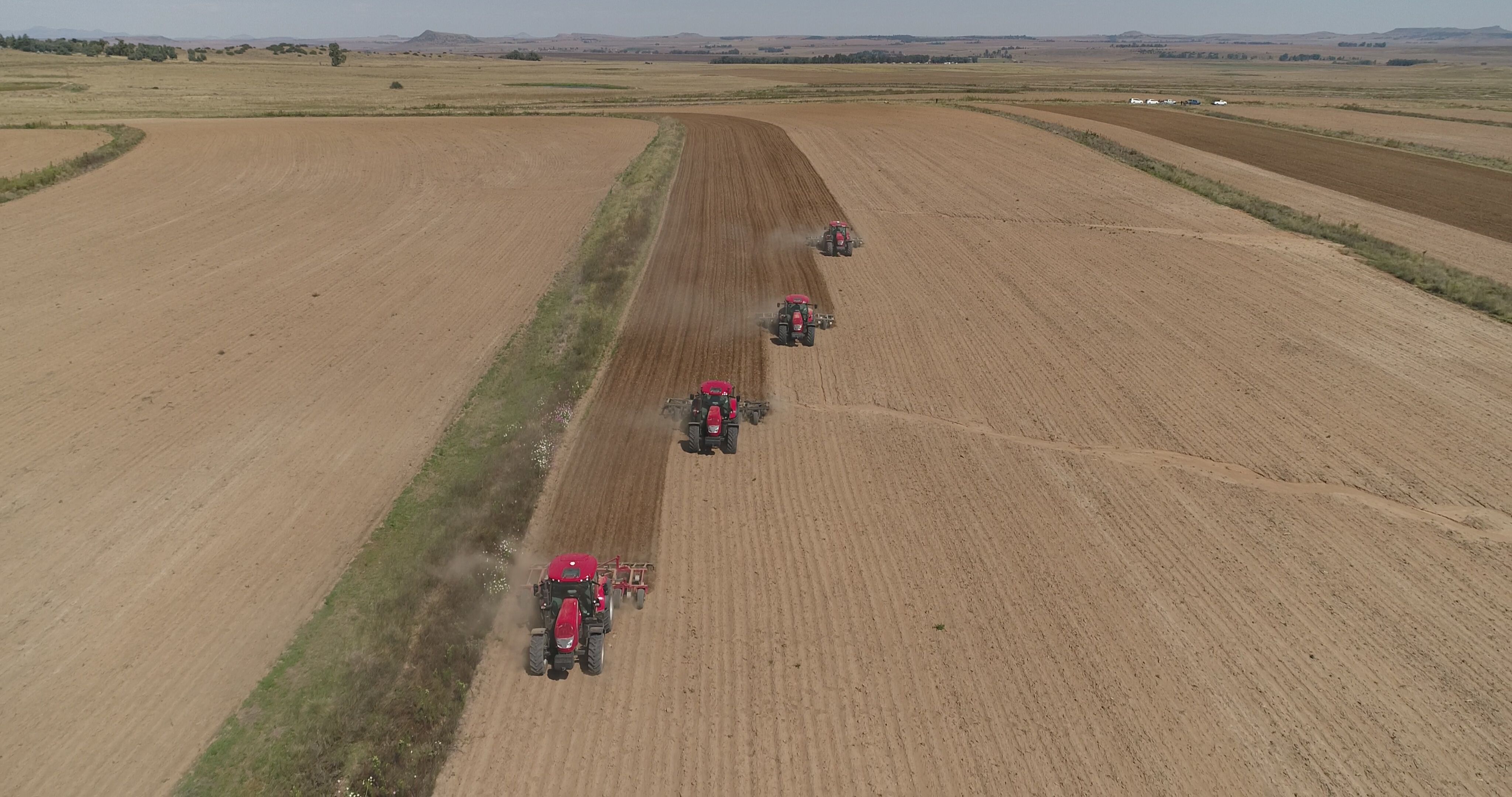 McCormick tractors working in formation across a field