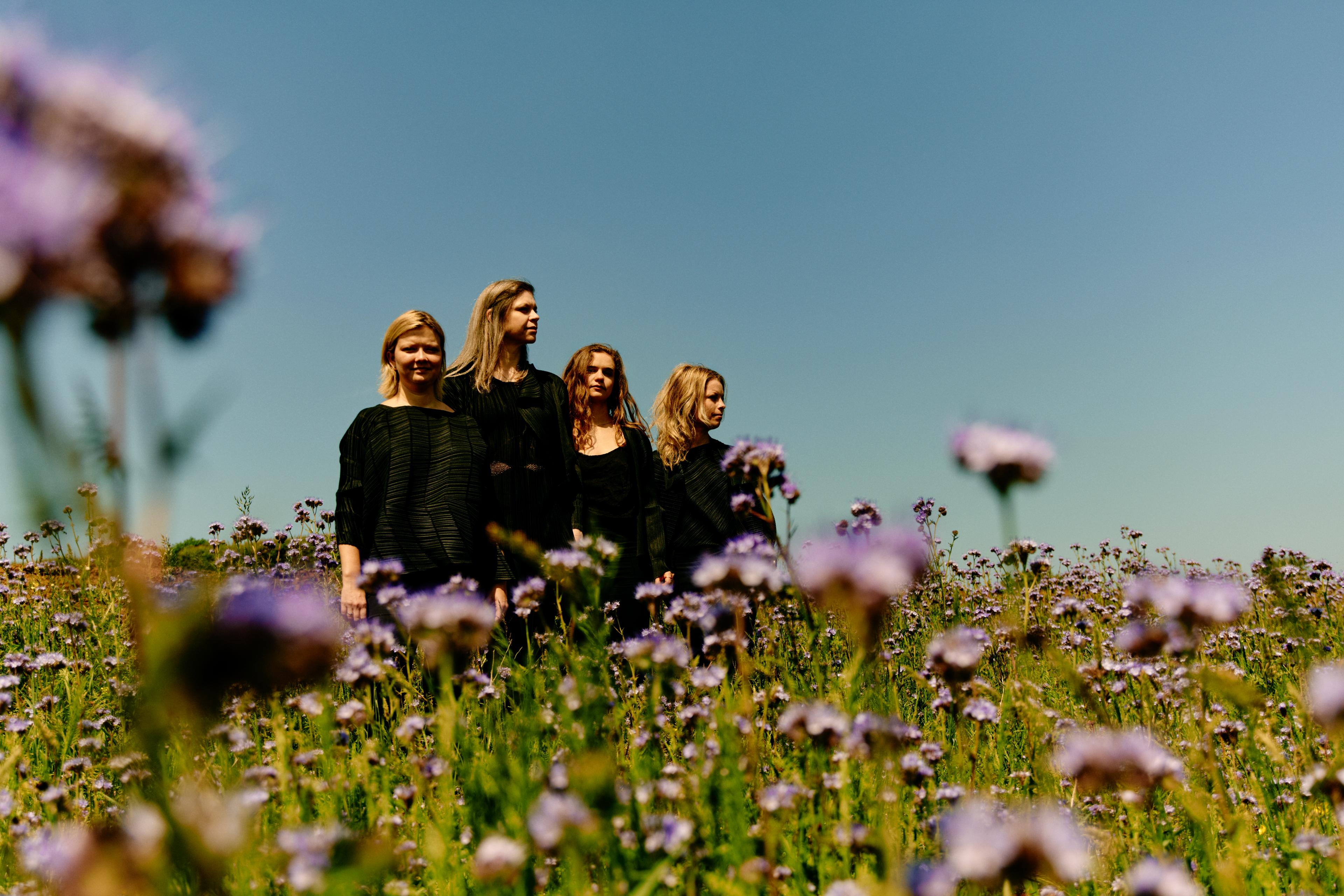 4 women wearing black standing in a field of wild flowers under a blue sky
