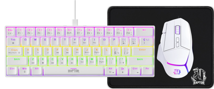 Combo Gamer Raptor Teclado 68 teclas White + Mouse RGB 8000dpi White + Mouse Pad S