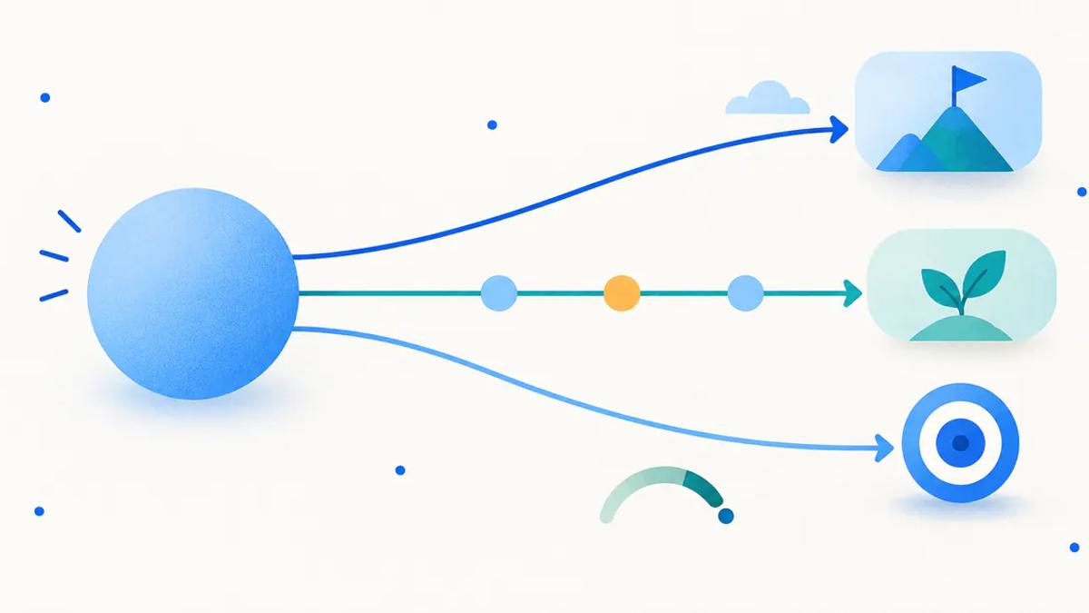 One strategic objective branching into three measurable key-result paths with progress checkpoints.