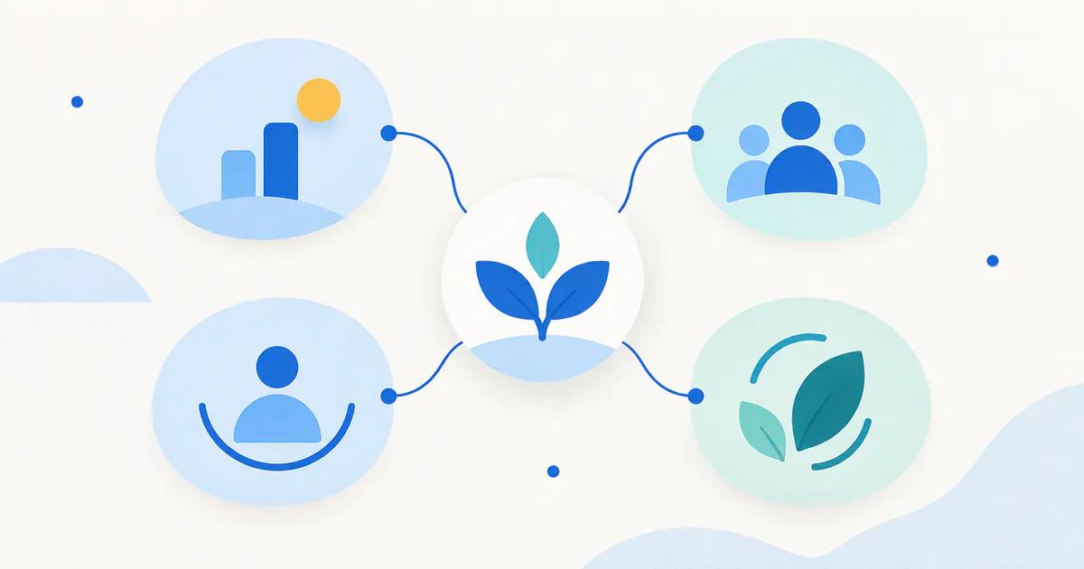Four connected Balanced Scorecard perspectives arranged around a central strategy objective.