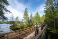 Riding bicycles across a bridge at Twin Lakes Rocky Mountain House.