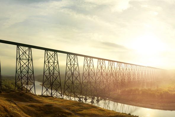 The High Level Bridge spanning the Old Man River Valley near Lethbridge at sunset.
