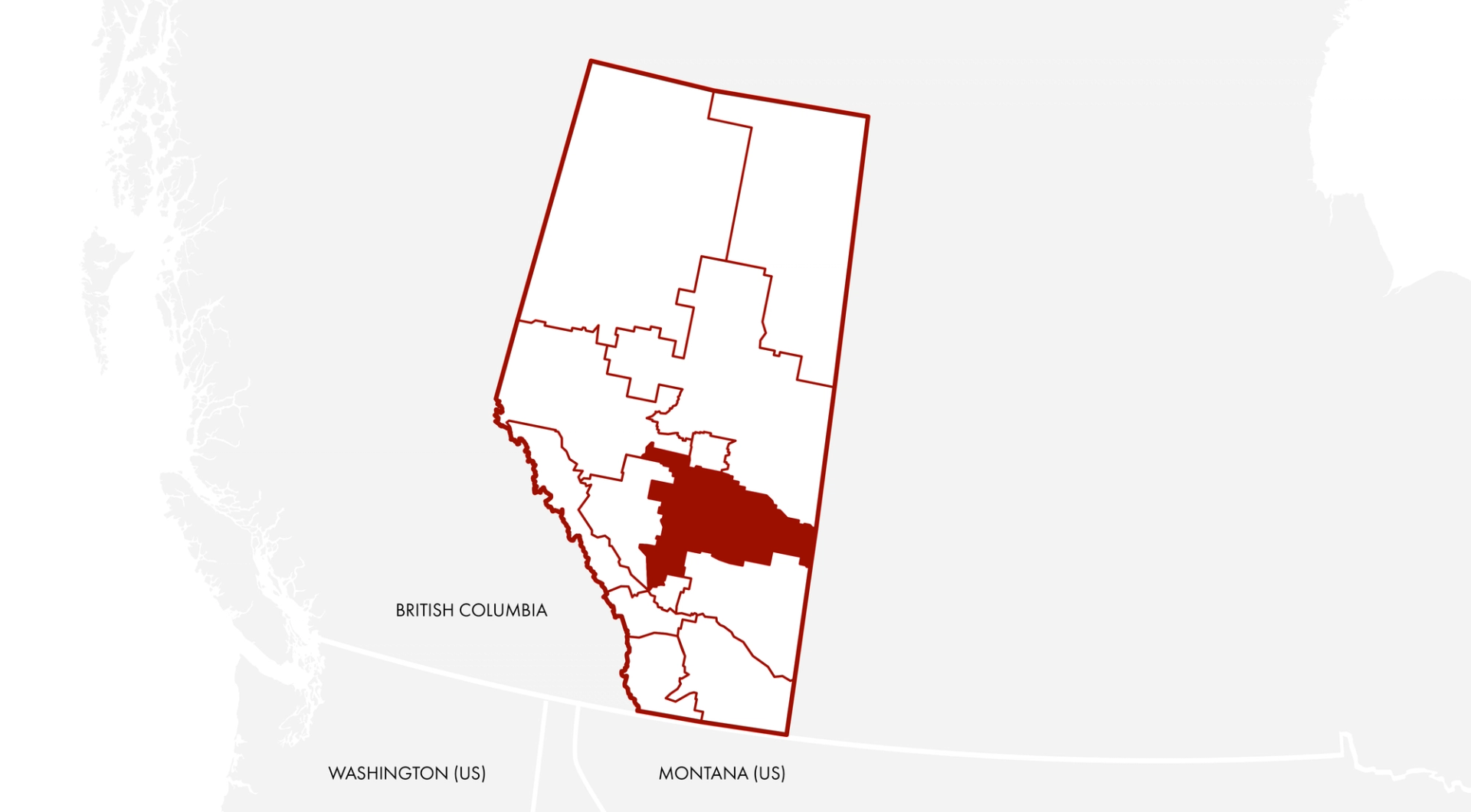A graphic map of Alberta with the Central Prairies in the middle shaded