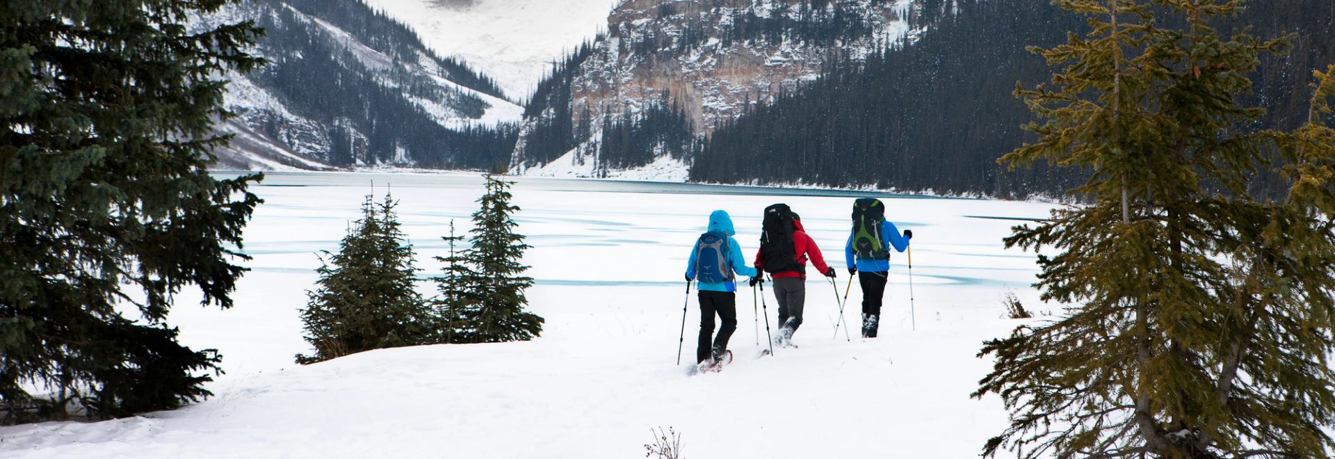 Three people cross country skiing with a fog covered mountain view.